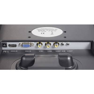 Stražnja strana uređaja s 12V-IN, HDMI-IN, VGA-IN, tri video ulaza (V-IN 1-3), V-OUT, A-IN i A-OUT priključcima.