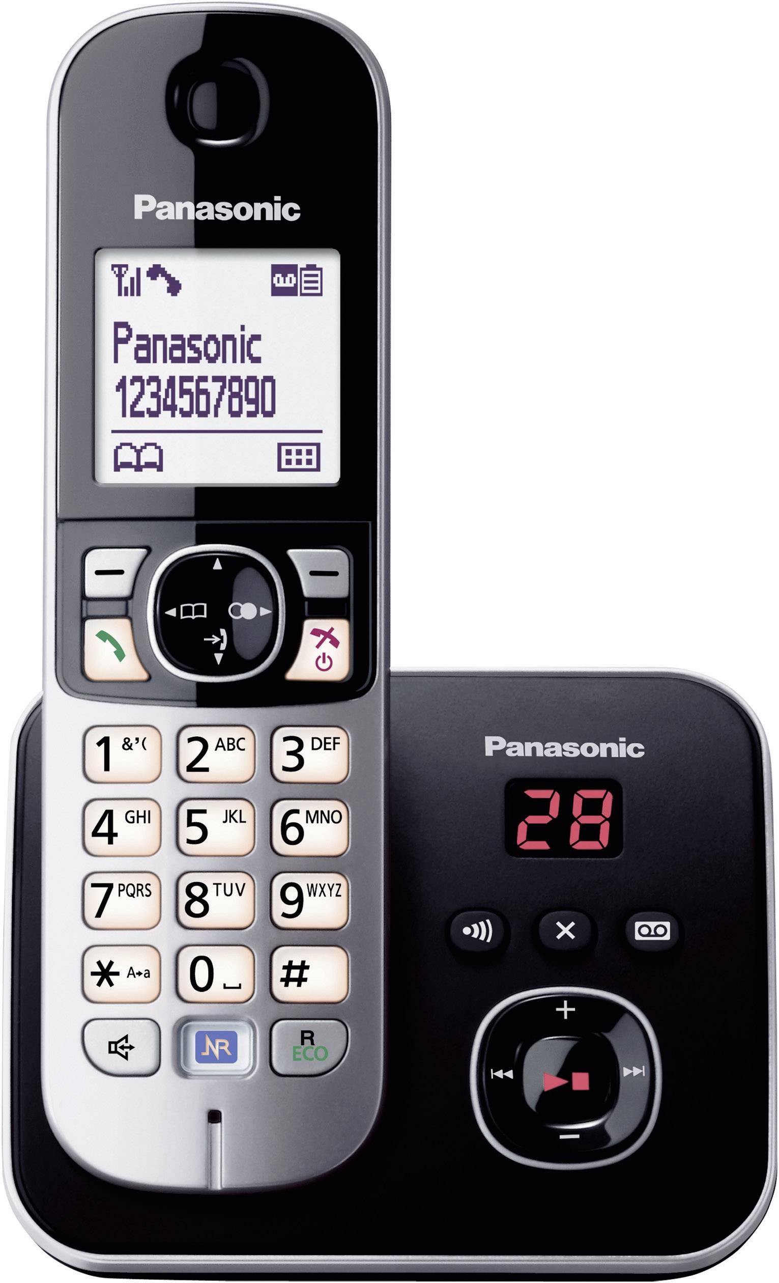 Bežični Panasonic telefon s zaslonom, tipkovnicom, digitalnom sekretaricom, osvjetljenim zaslonom i indikatorom poruka na baznoj stanici.