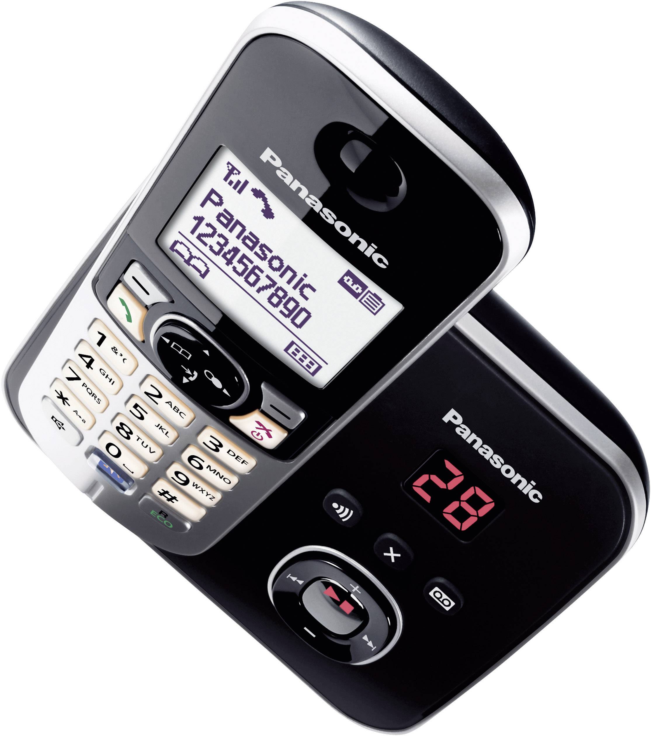 Bežični telefon od Panasonica s digitalnom sekretaricom. Display prikazuje telefonski broj. Tipke i upravljački elementi su jasno vidljivi.