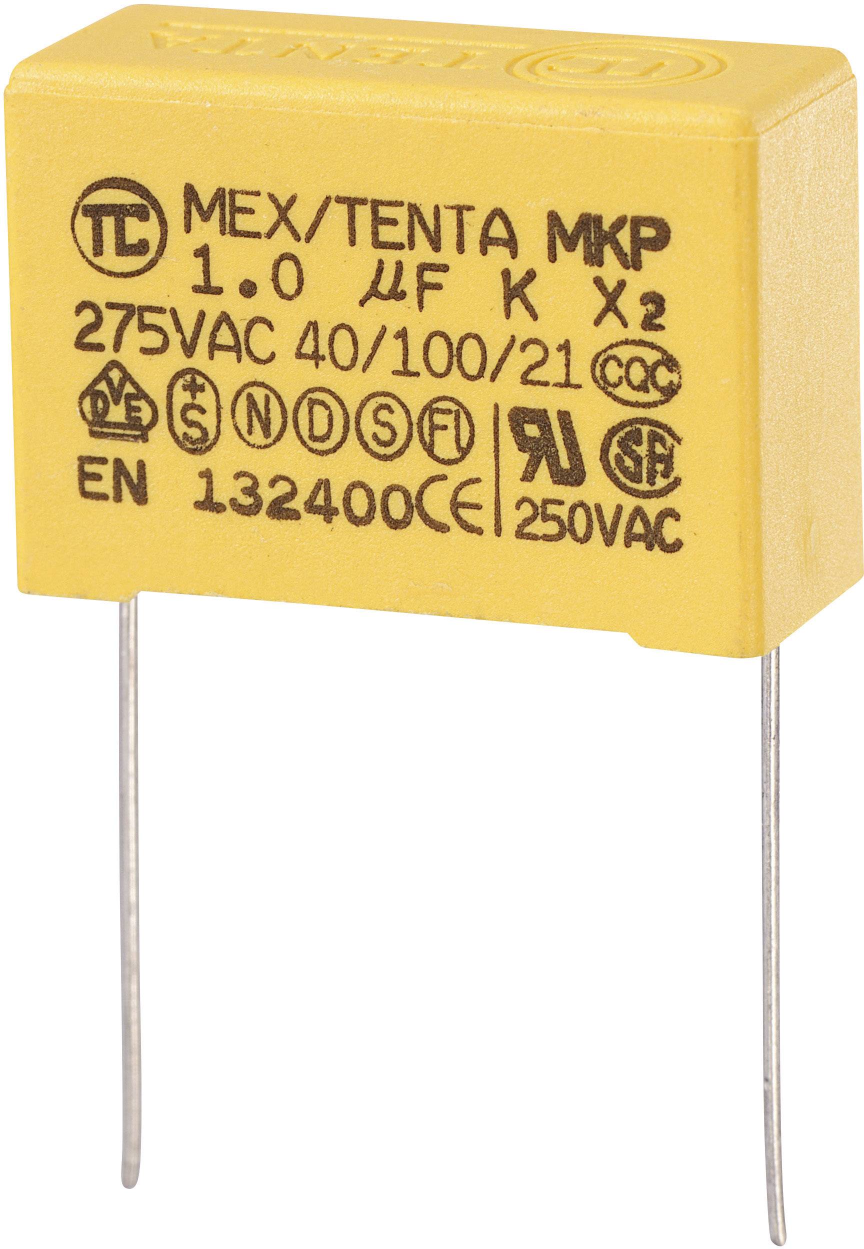 Žuti MKP-kondenzator s natpisom '1.0 µF K X2 275VAC'. Prikazuje simbole sigurnosnih i certifikacijskih standarda.