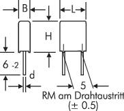 Tehnički nacrt elektroničke komponente s dimenzijama: širina (B), visina (H), duljina (L), promjer (d), koračni razmak (RM) i izlaz žice.
