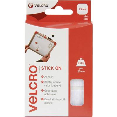 Čičak-ljepljivi kvadrati za lijepljenje, samoljepljivi, veličine 25 mm, 24 kompleta, nosivost do 750 g po kompletu. Paket prikazuje primjenu na ploči za pisanje.