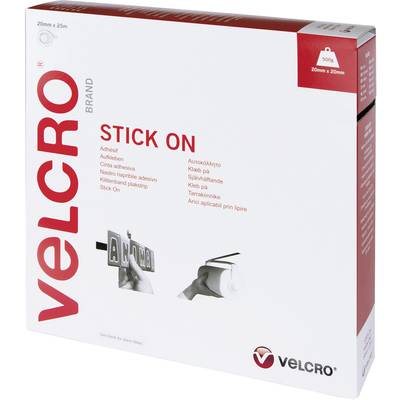 'VELCRO BRAND Stick On' pakiranju. Sadrži samoljepljive čičak trake. Dimenzije: 20 mm x 25 m, boja: bijela. 500 g debljina rolice. Logotip marke vidljiv.