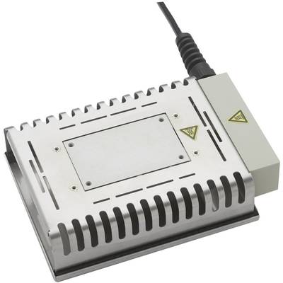 Kompaktna, srebrna elektronička komponenta s kabelom, koristi se za hlađenje ili odvođenje topline, sigurnosno upozorenje vidljivo.