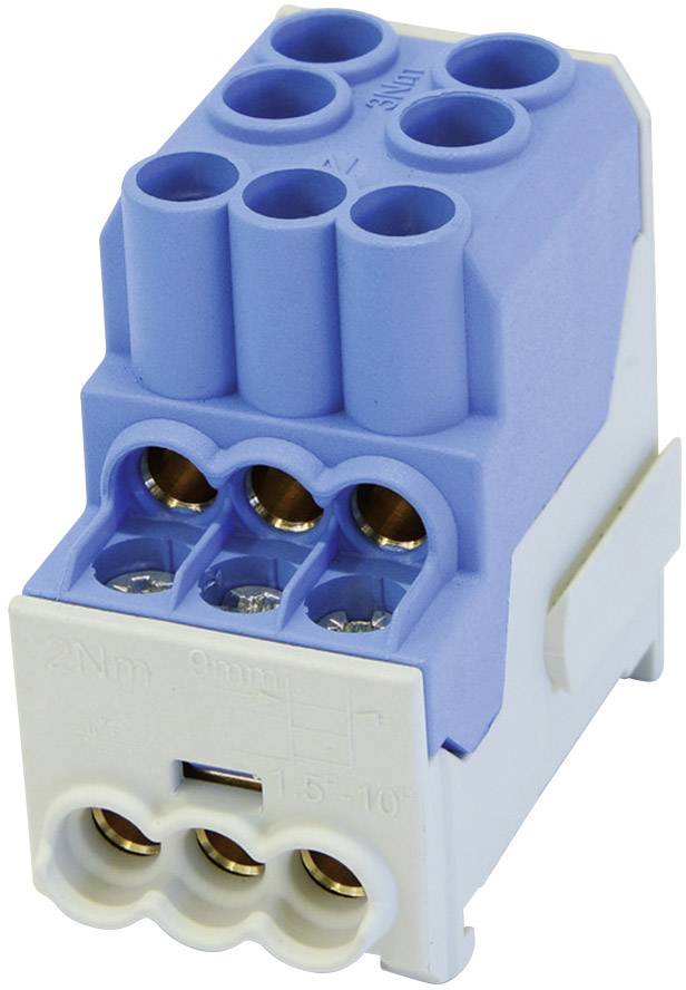 Plavi, šesteropolni električni blok konektora s izoliranim kućištem, pogodan za spajanje kabela u elektroinstalacijama.