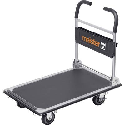 Transportni voziček s metalnim okvirom i crnom protukliznom platformom. Četiri kotača i ručka na kojoj piše 'meister'.
