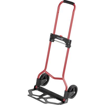 Crvena transportna kolica s dva kotača i preklopivim dnom. Podesiva za prijevoz teških sanduka ili paketa.