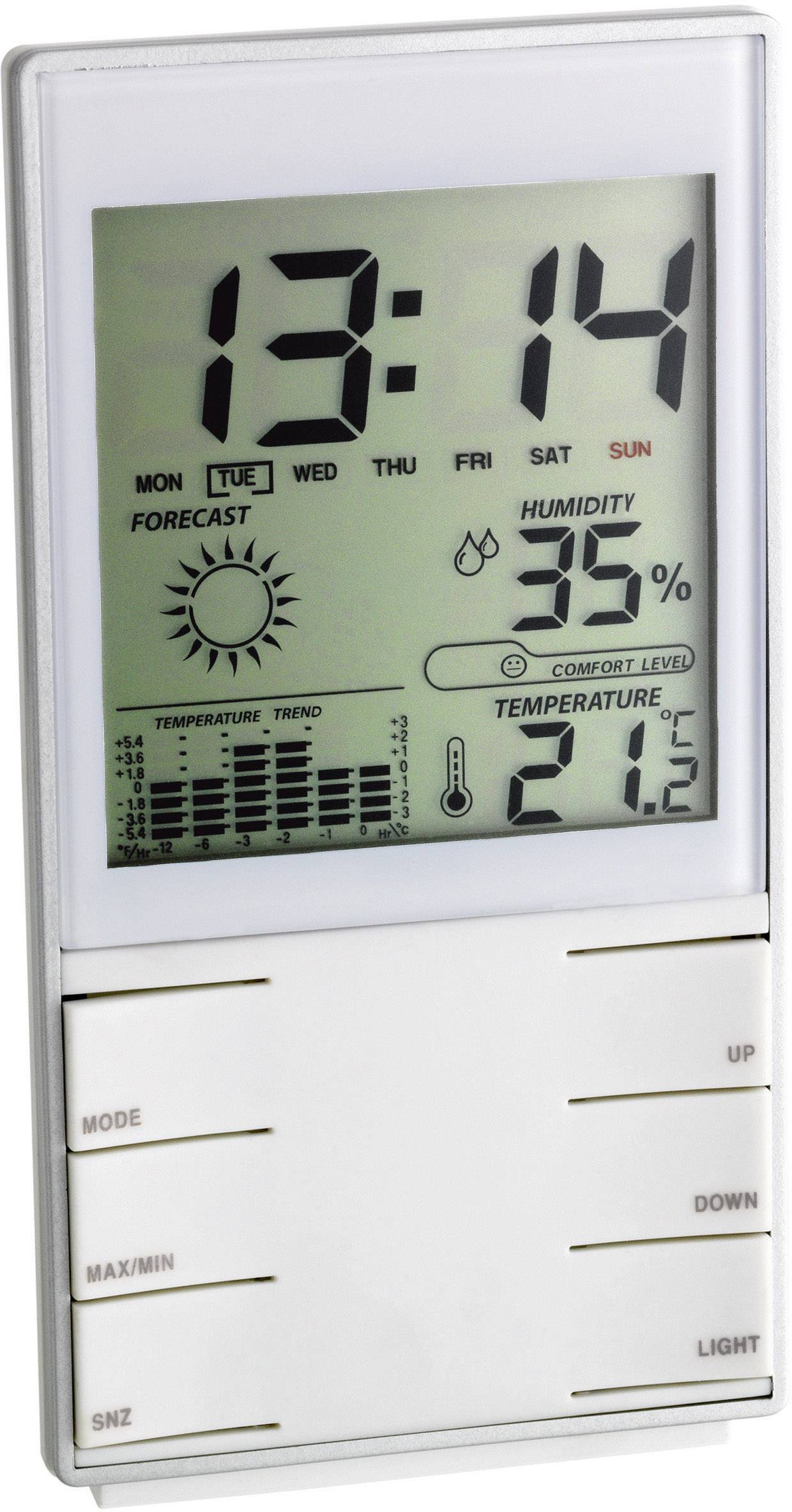 Digitalni termometar s prikazom sata i dana u tjednu. Prikazuje vremensku prognozu, trend temperature, vlažnost zraka i razinu udobnosti.