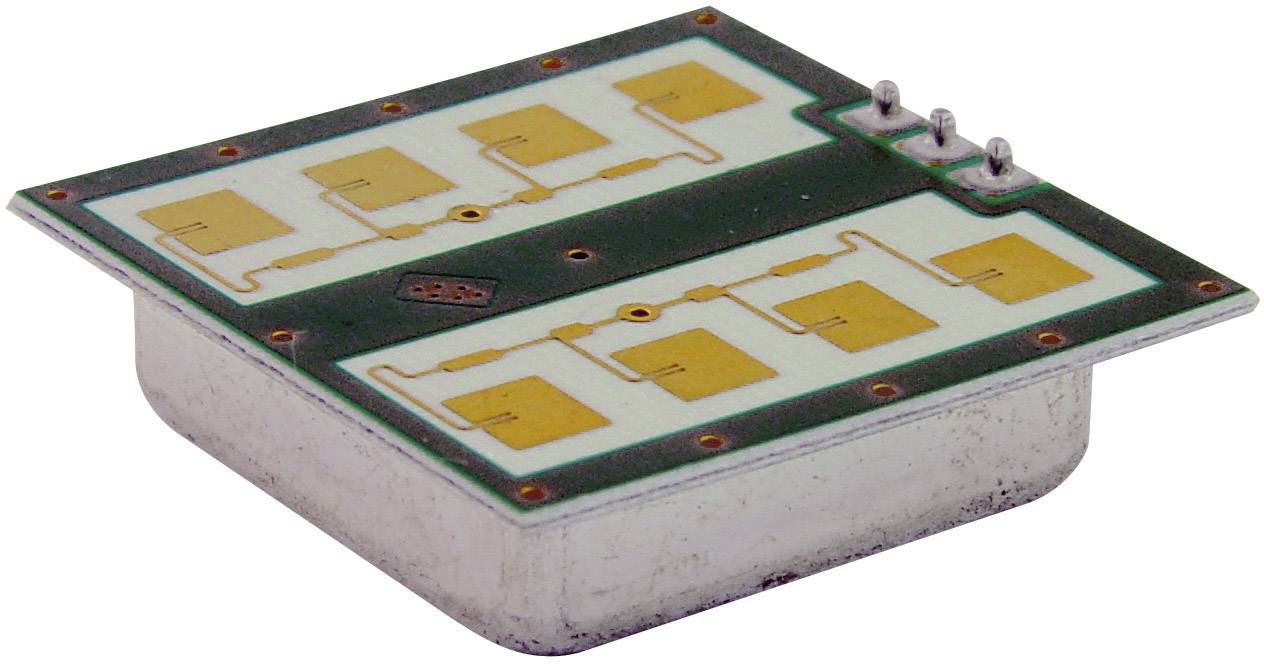 Pravokutna elektronička komponenta sa zlatnim kontaktima i tri pina. Koristi se u elektroničkim uređajima.