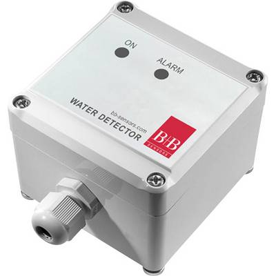 Pravokutni detektor vode s dvije indikacije: 'ON' i 'ALARM'. Natpis na dnu: 'WATER DETECTOR'. Kućište od sive plastike.