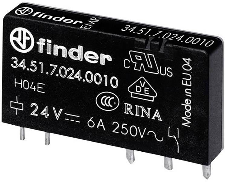 Relej Findor s modelnim brojem 34.51.7.024.0010. Specifikacije: 24V, 6A, 250V. Izrađeno u EU. Prikazuje certifikacijske logotipove.