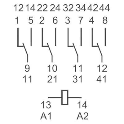 Sklopni simbol s 8 prekidača, numeriranih od 1 do 8, povezanih s brojevima 9-14, A1 i A2. Prikazuje električne spojeve.