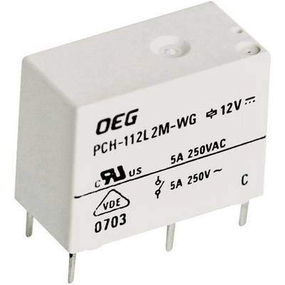 Bijeli elektromehanski relej tvrtke OEG s natpisom 'PCH-112L2M-WG 12V', specificiran za 5A 250VAC.
