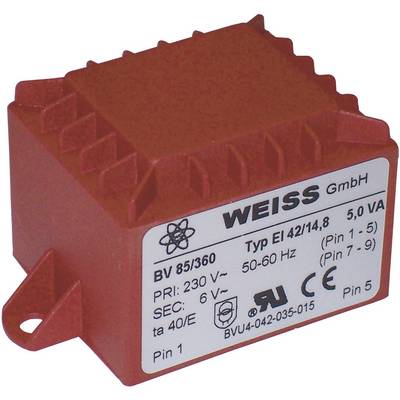 Crveni transformator s natpisom 'WEISS GmbH', model broj EI 42/14,8. Specifikacije: 230 V primarni, 6 V sekundarni, 5 VA snage.