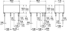 Tehnički nacrt triju elektroničkih komponenata s mjernim oznakama. Dimenzije komponenata navedene su u milimetrima.