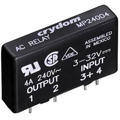 Crni relej s natpisom 'crydom MP240D4', pokazuje ulazne/izlazne raspone: 3-32V ulaz, 4A 240V~ izlaz, izrađen u Meksiku.