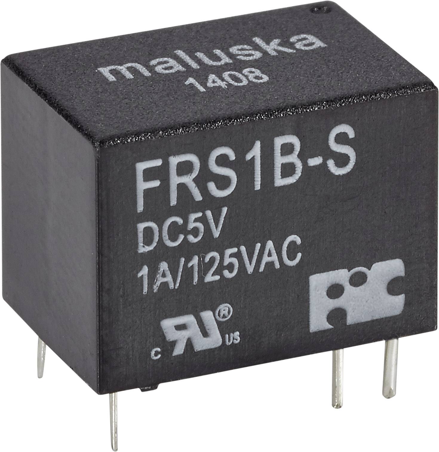 Relejni uređaj 'Maluska FRS1B-S DC5V 1A/125VAC' s četiri metalne čivije i UL certifikacijskim logotipom na crnom kućištu.