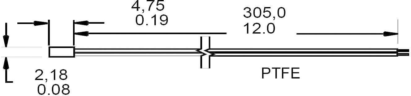 Tehnički nacrt PTFE cjevčice. Ukupna mjera 305,0 mm, promjer 4,75 mm. Označene parcijalne mjere: 2,18 mm, 12,0 mm.