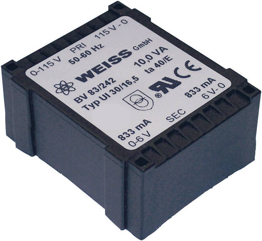 Električni transformator s oznakom 'WEISS GmbH, 10 VA, 833 mA'. Ulazni napon: 115 V, izlazni napon: 6 V.