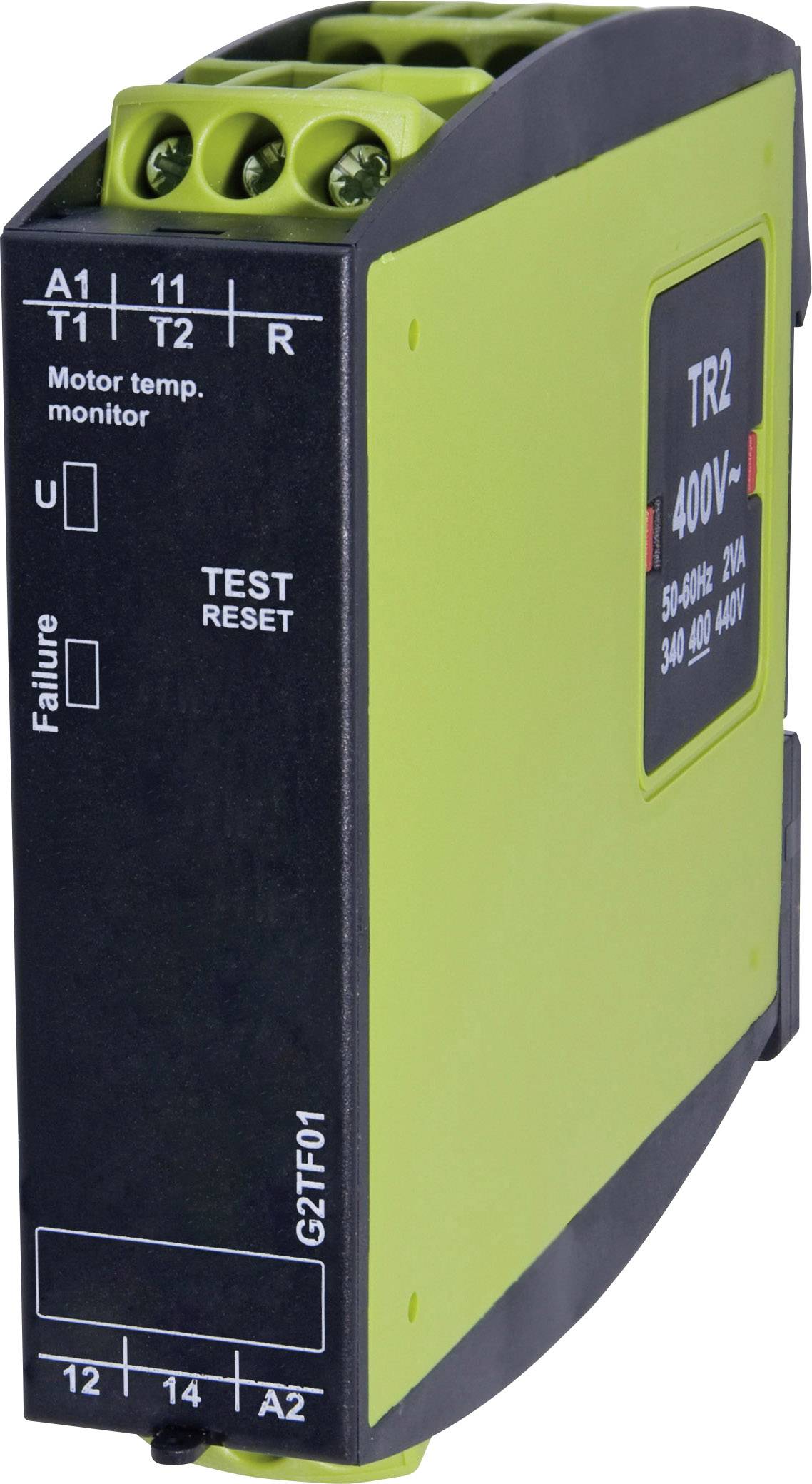 Zeleni uređaj za nadzor temperature motora naziva 'TR2 400V'. Prikazuje priključne stezaljke i gumb za resetiranje i testiranje.
