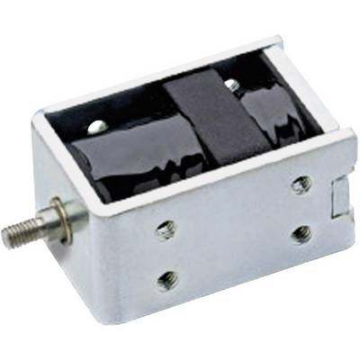 Pravokutni elektromagnet s metalnim kućištem i istaknutim navojnim vijkom. Ima nekoliko rupa za učvršćivanje.