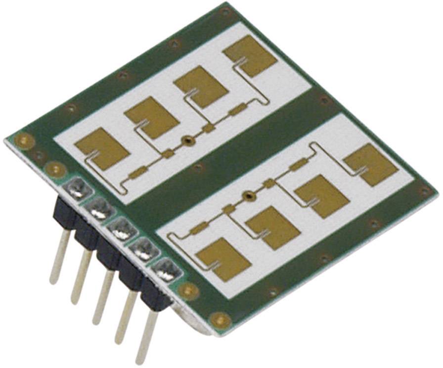 Slika prikazuje elektronički sklop s pet pins-ova i pravokutnom zeleno-bijelom PCB pločicom sa zlatnim vodovima.