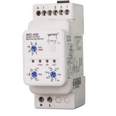 Uređaj za nadzor struje, model AKC-03D, prikazuje postavke i priključke za praćenje električne struje pomoću okretnih regulatora i točaka spajanja.