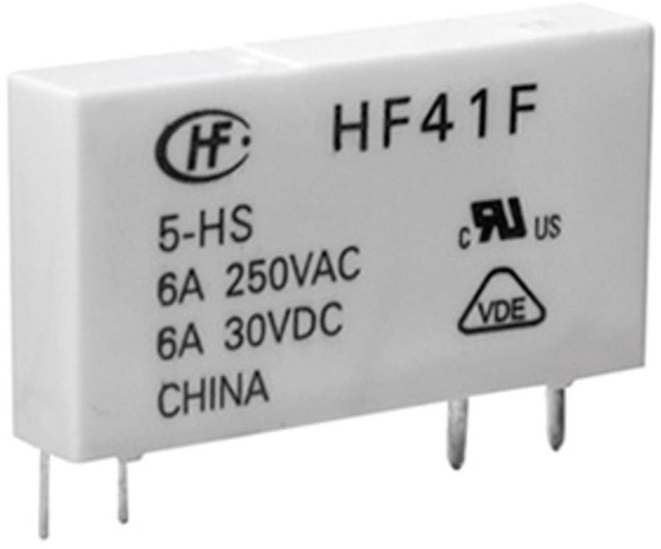 Relej s natpisom 'HF41F'. Specifikacije: 6A 250VAC, 6A 30VDC. Certifikati: cRUus, VDE. Zemlja porijekla: Kina.