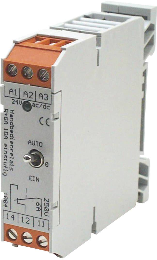 Industrijsko sklopno relej, siv, s narančastim poklopcem i automatskim/ručnim prekidačem; 24V AC/DC i 250V naponske specifikacije.