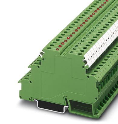 Zeleni, modulrani električni terminal blok s nekoliko utora, crvenim i zelenim oznakama za spajanje.