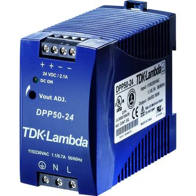 TDK-Lambda DPP50-24 napajanje, ulaz 115/230 VAC, izlaz 24 VDC/2,1 A, LED indikator istosmjernog napajanja, kućište u plavom dizajnu.