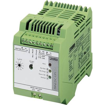 Zelena elektronička komponenta tvrtke Phoenix Contact, s indikatorima i prekidačima za upravljanje i nadzor električnih priključaka.