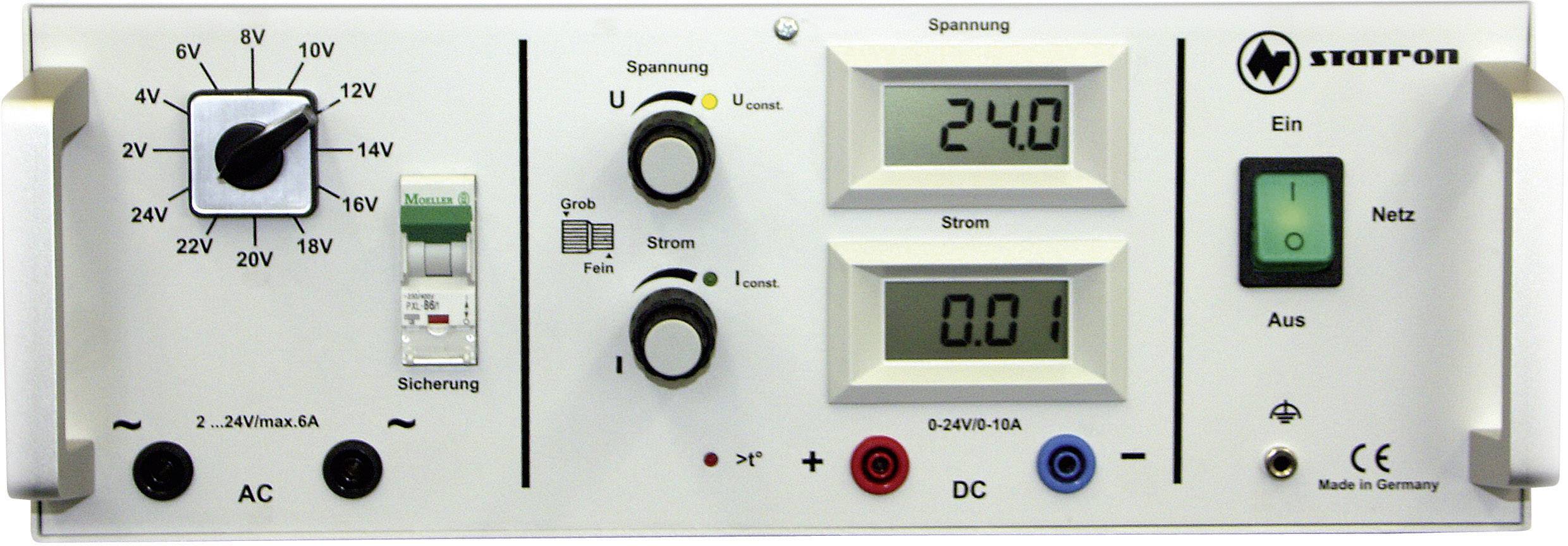 Laboratorijski uređaj za napajanje s dvije digitalne displays za napon (240V) i struju (0,01A). Ima zeleni mrežni prekidač i gumbe za podešavanje.