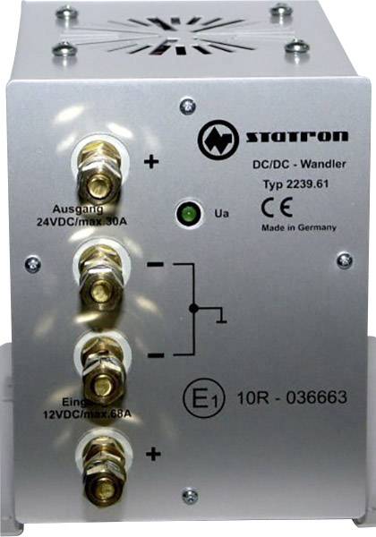 'Statron DC/DC pretvarač tipa 2239.61' na metalnom kućištu. Prikazuje električne priključke s podacima o ulaznom i izlaznom naponu/struji.