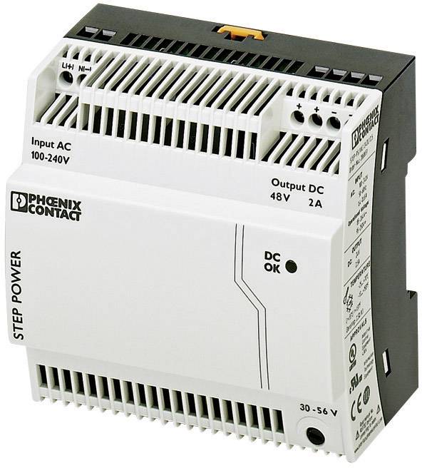 Elektronički uređaj za napajanje, bijelo kućište, natpis 'Phoenix Contact', ulazni i izlazni napon su naznačeni.
