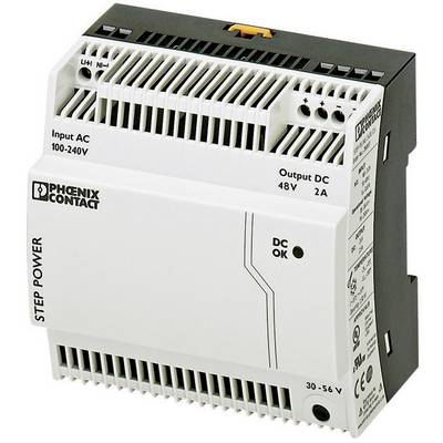 Elektronički uređaj za napajanje, bijelo kućište, natpis 'Phoenix Contact', ulazni i izlazni napon su naznačeni.