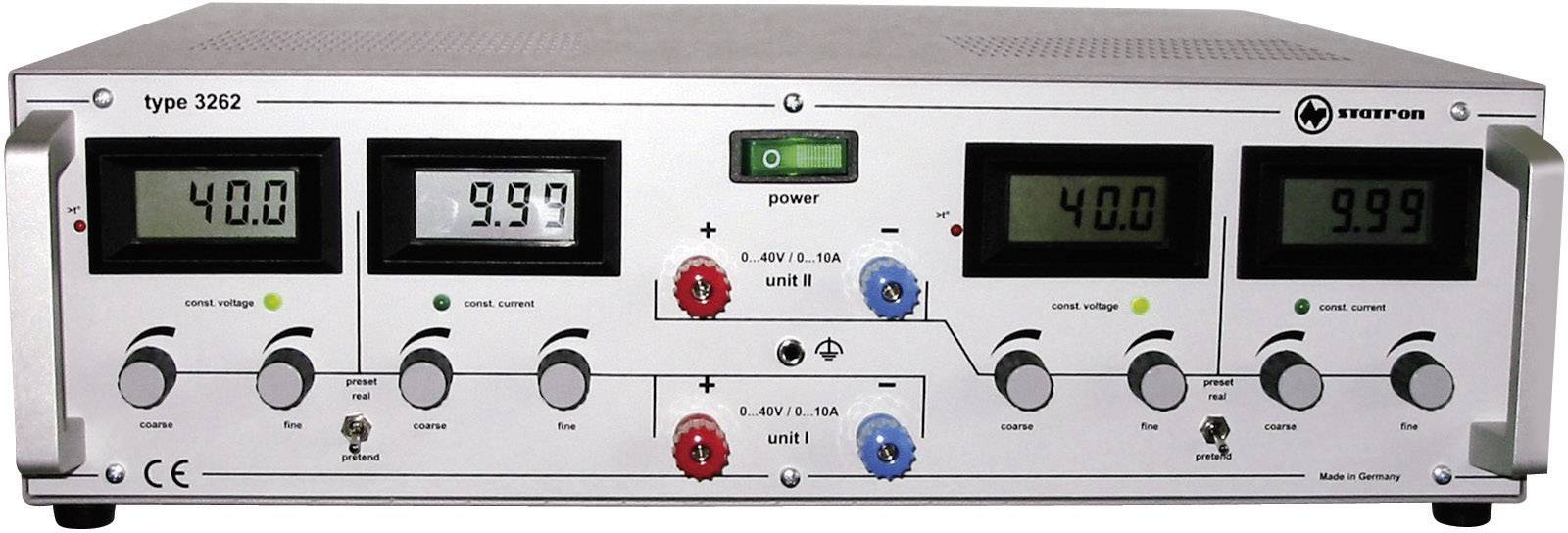 Slika prikazuje elektronički uređaj za testiranje, model 'type 3262', s dvije digitalne displeje, okretnim regulatorima i šarenim priključcima.