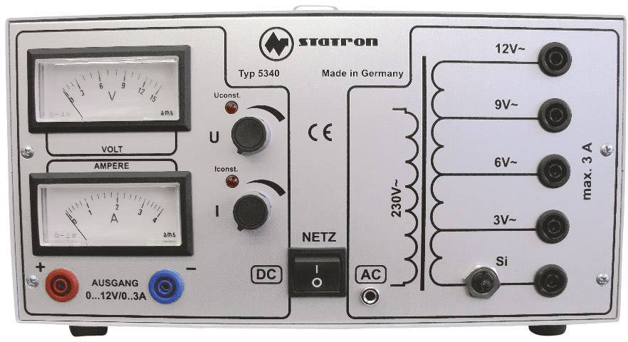 Uređaj za napajanje strujom s analognim pokazivačima napona i ampera, preklopnik za mrežni napon i različite izlazne napone (12V, 9V, 6V, 3V).