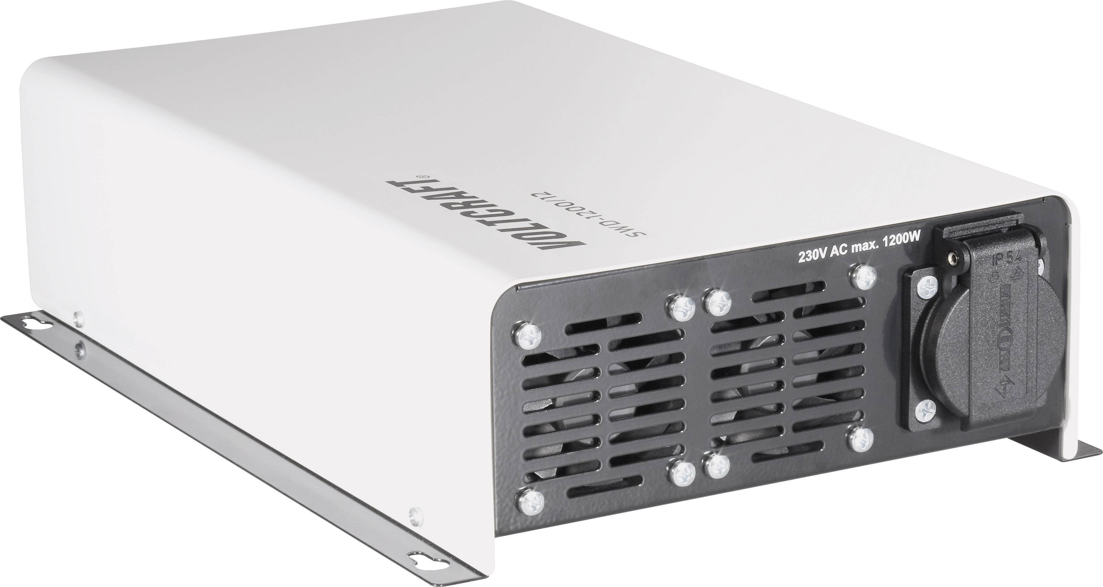 Bijeli naponski pretvarač s ventilacijskim otvorima i utičnicom, označen s '230V AC maks. 1200W'.