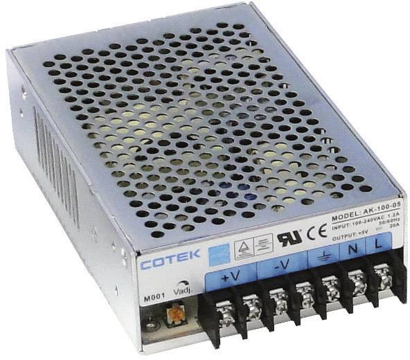 Metalno kućište s ventilacijskim otvorima prikazuje model napajanja 'Cotek AK-100-5' s navedenim specifikacijama ulaznog i izlaznog napona.