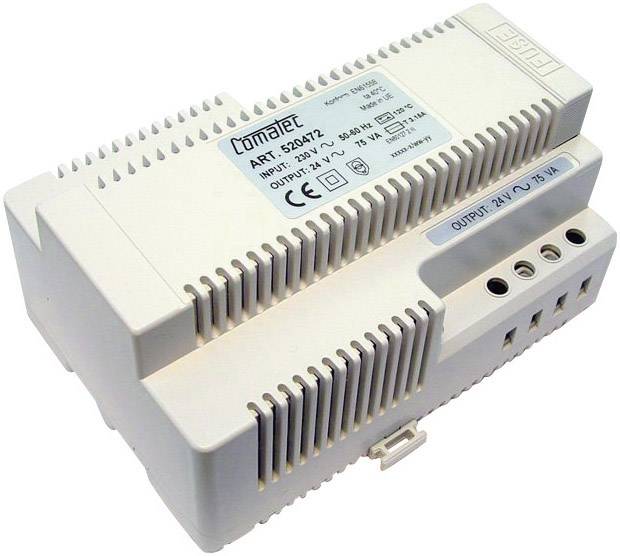 Bijelo mrežno napajanje sa bočnim ventilacijskim prorezima i otisnenim tehničkim specifikacijama. Model 'APT-520/12', izlazi: 24V, 15VA.
