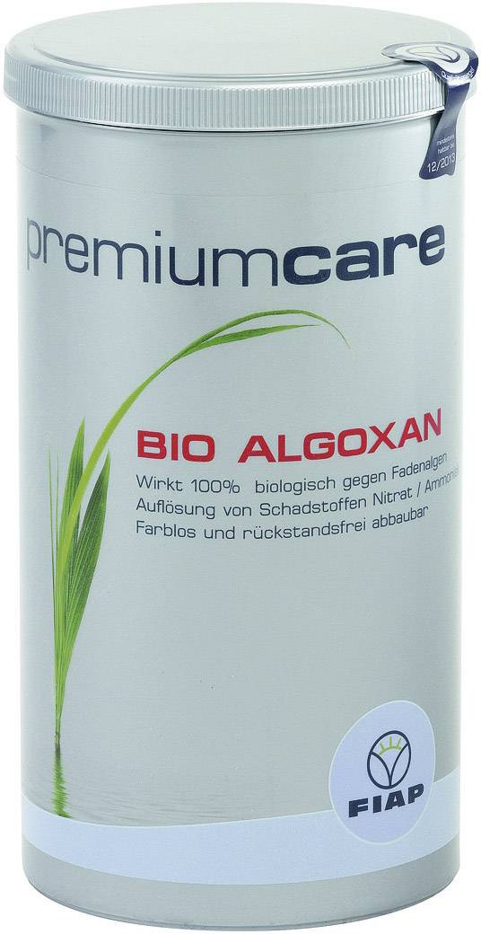 Doza s natpisom 'premiumcare BIO ALGOXAN'. Obećava biološku razgradnju nitrata i amonijaka. Marka FIAP.