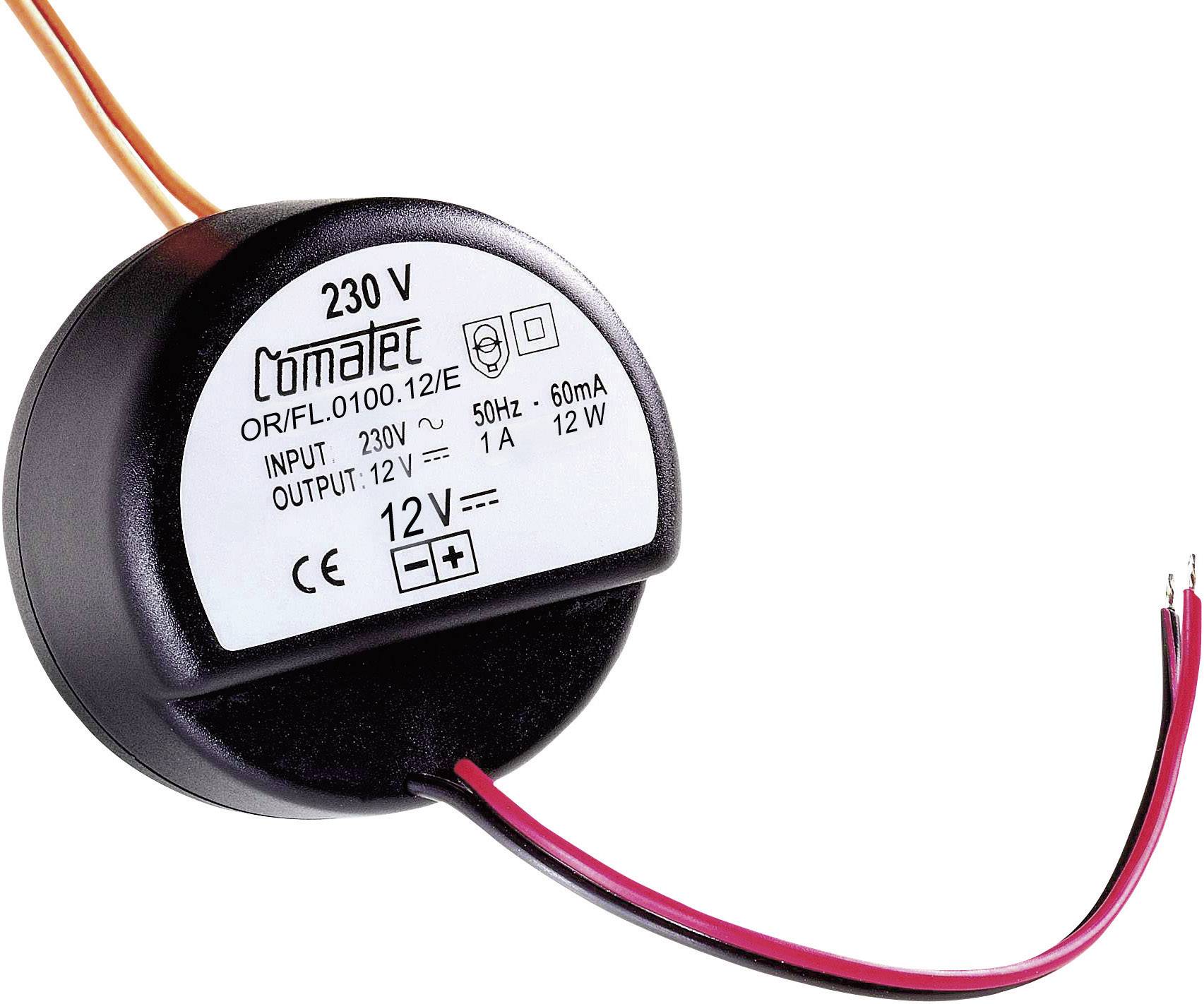Crni transformator s natpisom '230 V' pretvara ulazni napon od 230 V u izlazni napon od 12 V. CE oznaka.