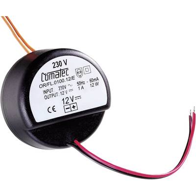Crni transformator s natpisom '230 V' pretvara ulazni napon od 230 V u izlazni napon od 12 V. CE oznaka.