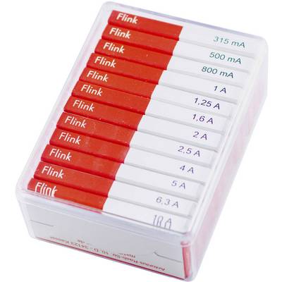 Plastična kutija s crvenim i bijelim Flink fino osiguračima različitih amperskih vrijednosti od 315 mA do 10 A, poredanim jedan do drugog.