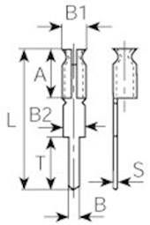 Tehnički nacrt konektorskog priključka s oznakama: A, B1, B2, L, T, S, B. Prikazuje pogled sa strane i sprijeda s dimenzijskim oznakama.
