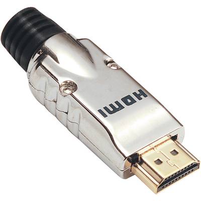 Srebreni HDMI priključak s crnom ručkom i zlatnim vrhom, na kojem piše 'HDMI'.