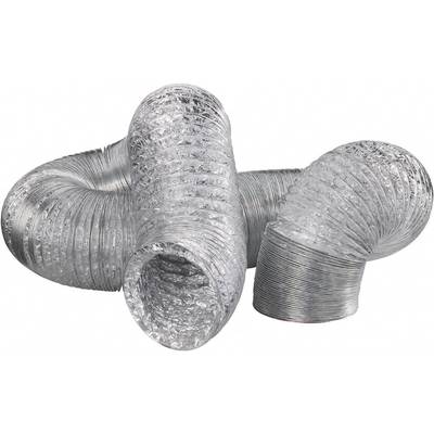 Dva fleksibilna, srebrna ventilacijska crijeva od aluminija, savijena u zakrivljenom obliku, na bijeloj pozadini.