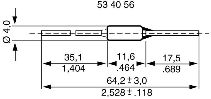 Tehnički nacrt cilindričnog objekta s mjerama. Ukupna duljina: 64,2 (+3,0) mm. Promjer: Ø 4,0 mm. Označeni odsječci: 35,1 mm, 11,6 mm, 17,5 mm.