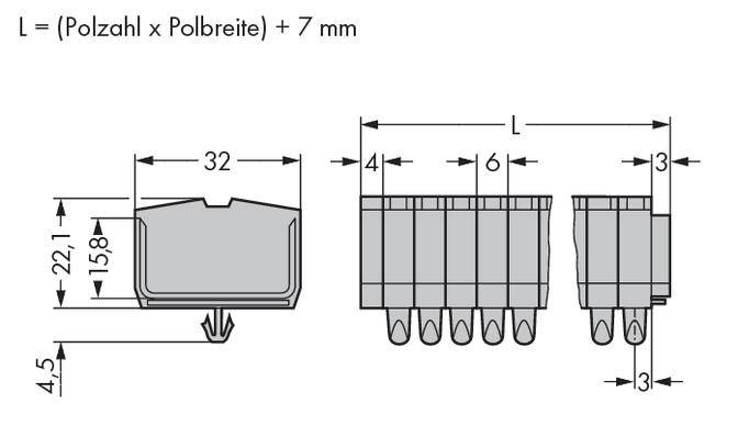 Dijagram električkog konektora s dimenzijama. Duljina (L) izračunava se kao 'broj kontakata x širina kontakta + 7 mm'.